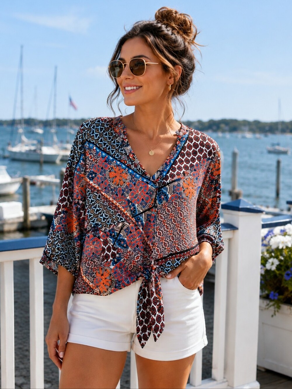 MELLODAY Multicolor Boho Patchwork Tie-Front Blouse